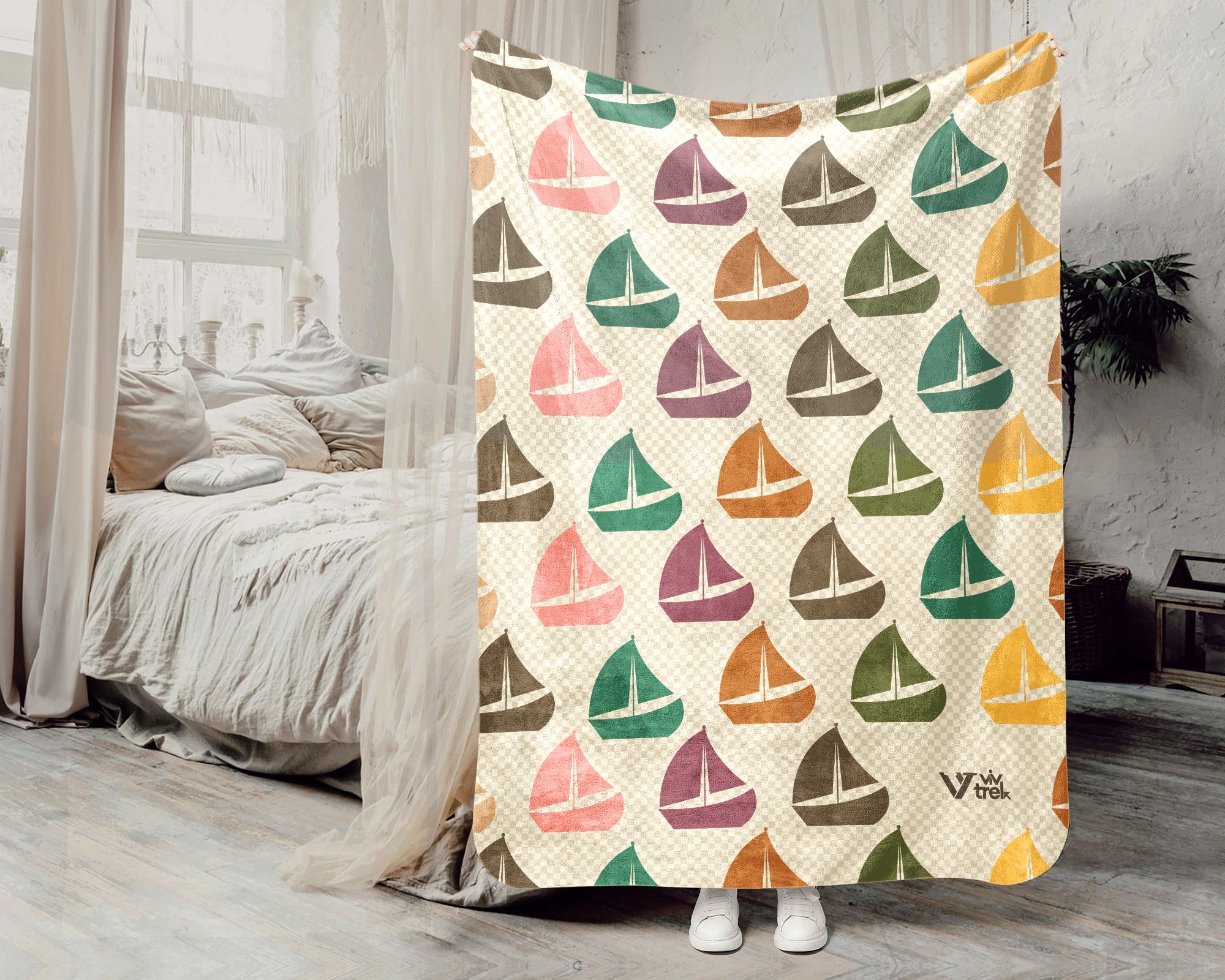 Retro Sailing Boat Blanket for Coastal Decor, Cozy Nautical Throw Gift for Sailors and Boating Enthusiasts
