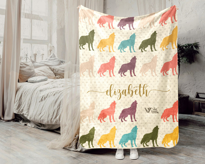 Personalized Wolf Lover Blanket Custom Name Vintage Animal Throw Cozy Fleece Rustic Wildlife Nature Gift Soft Home Decor Accent