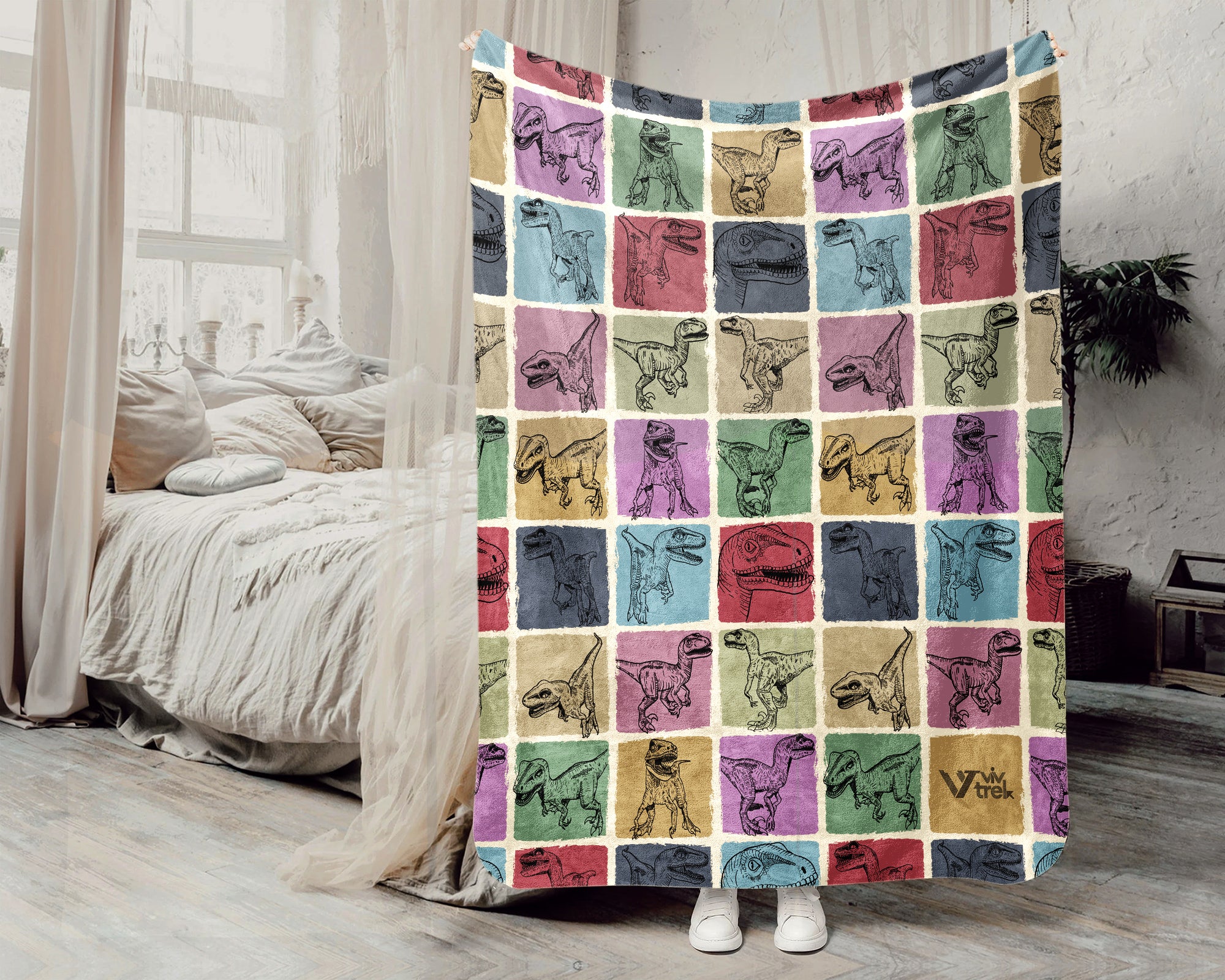 Vintage Velociraptor Dinosaur Blanket Cozy Retro Dino Lover Throw Paleontology Fleece Blanket Unique Jurassic Era Gift Home Decor Idea