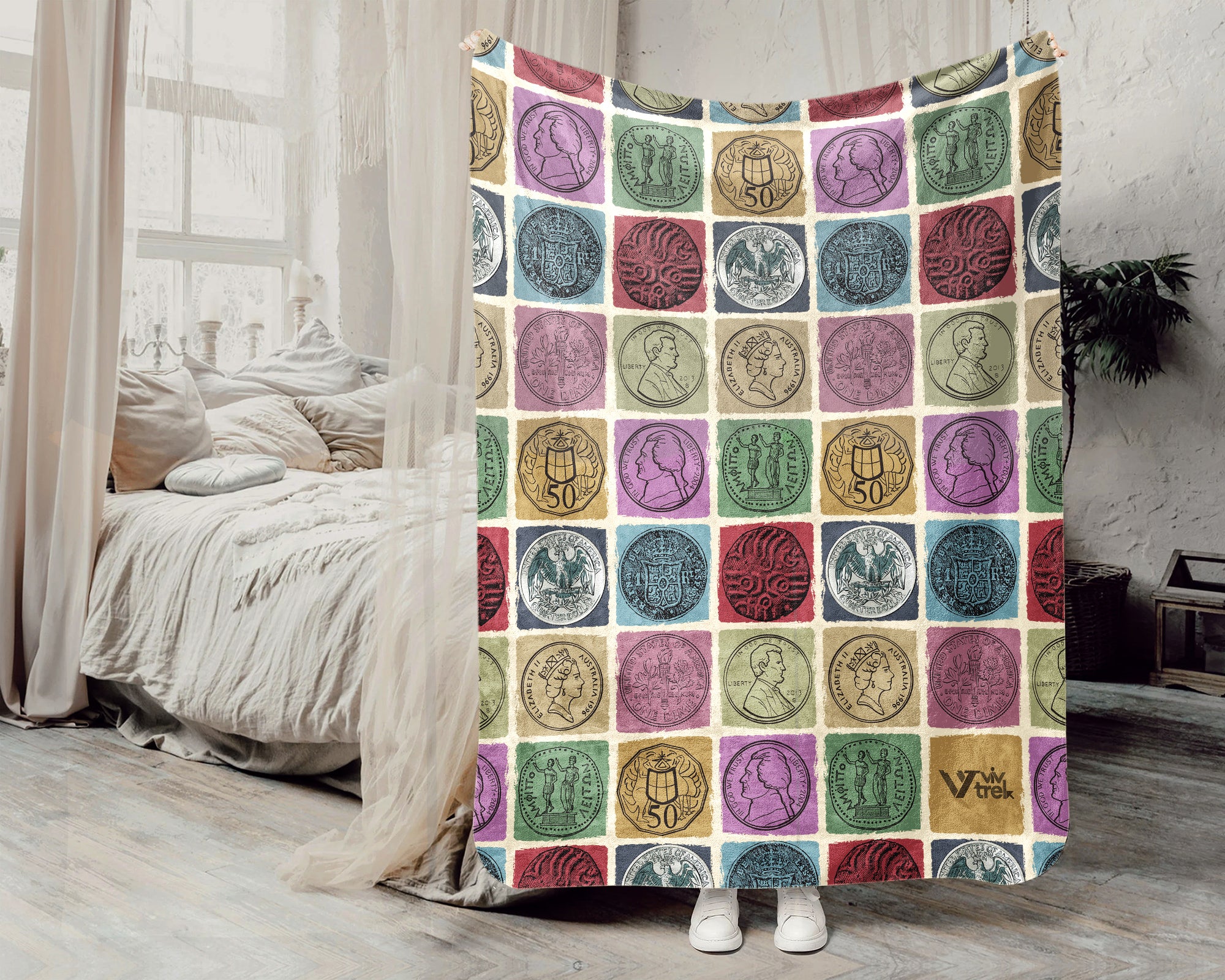 Vintage Coin Collector Blanket, Retro Numismatics Throw for Bullion Enthusiasts and Cozy Hobby Room Decor