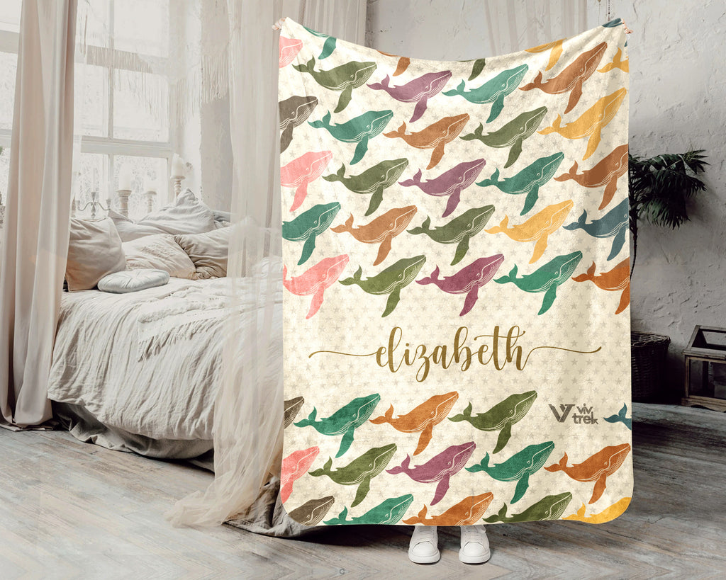 Personalized Whale Blanket Custom Name Ocean Lover Throw Retro Sea Life Decor Cozy Nautical Gift Unique Home Accent Idea