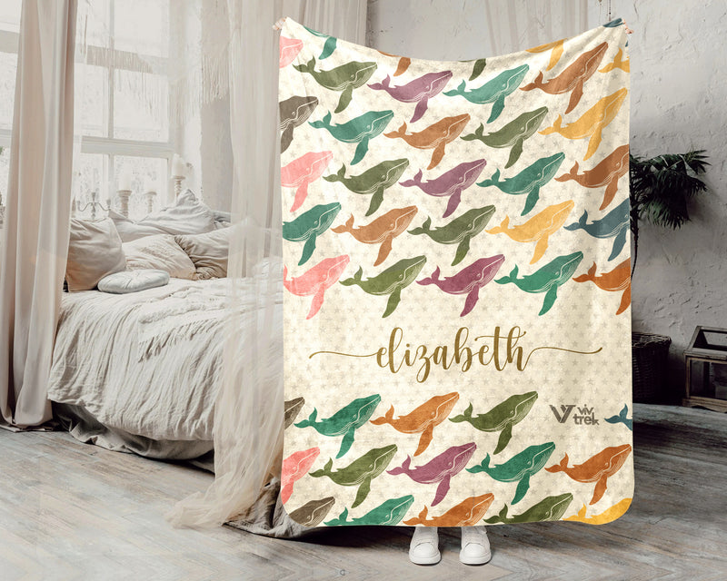 Personalized Whale Blanket Custom Name Ocean Lover Throw Retro Sea Life Decor Cozy Nautical Gift Unique Home Accent Idea