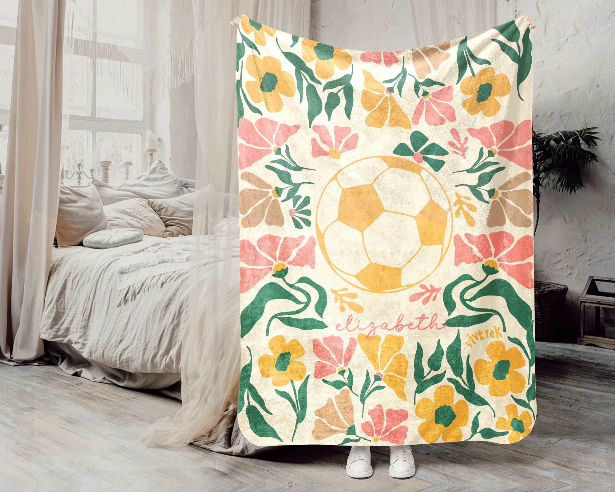 Custom Name Soccer Floral Blanket, Personalized Football Fan Throw, Cozy Sports Gift for Players and Soccer Lovers Room Decor
