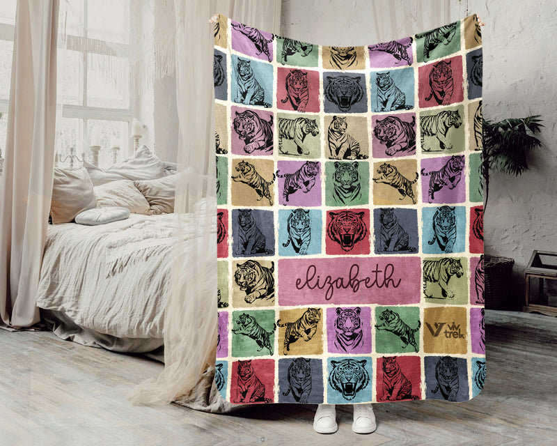 Custom Tiger Lover Blanket Personalized Name Vintage Animal Throw Retro Big Cat Cozy Fleece Gift Wildlife Home Decor Accent Piece