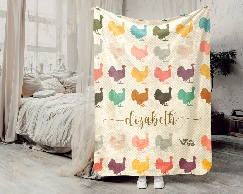 Custom Name Retro Turkey Blanket, Personalized Thanksgiving Throw for Cozy Fall Decor and Seasonal Holiday Gifts