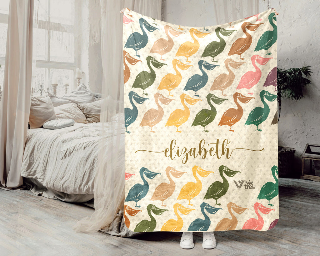Custom Name Pelican Blanket, Cozy Retro Coastal Throw for Bird and Nature Lovers