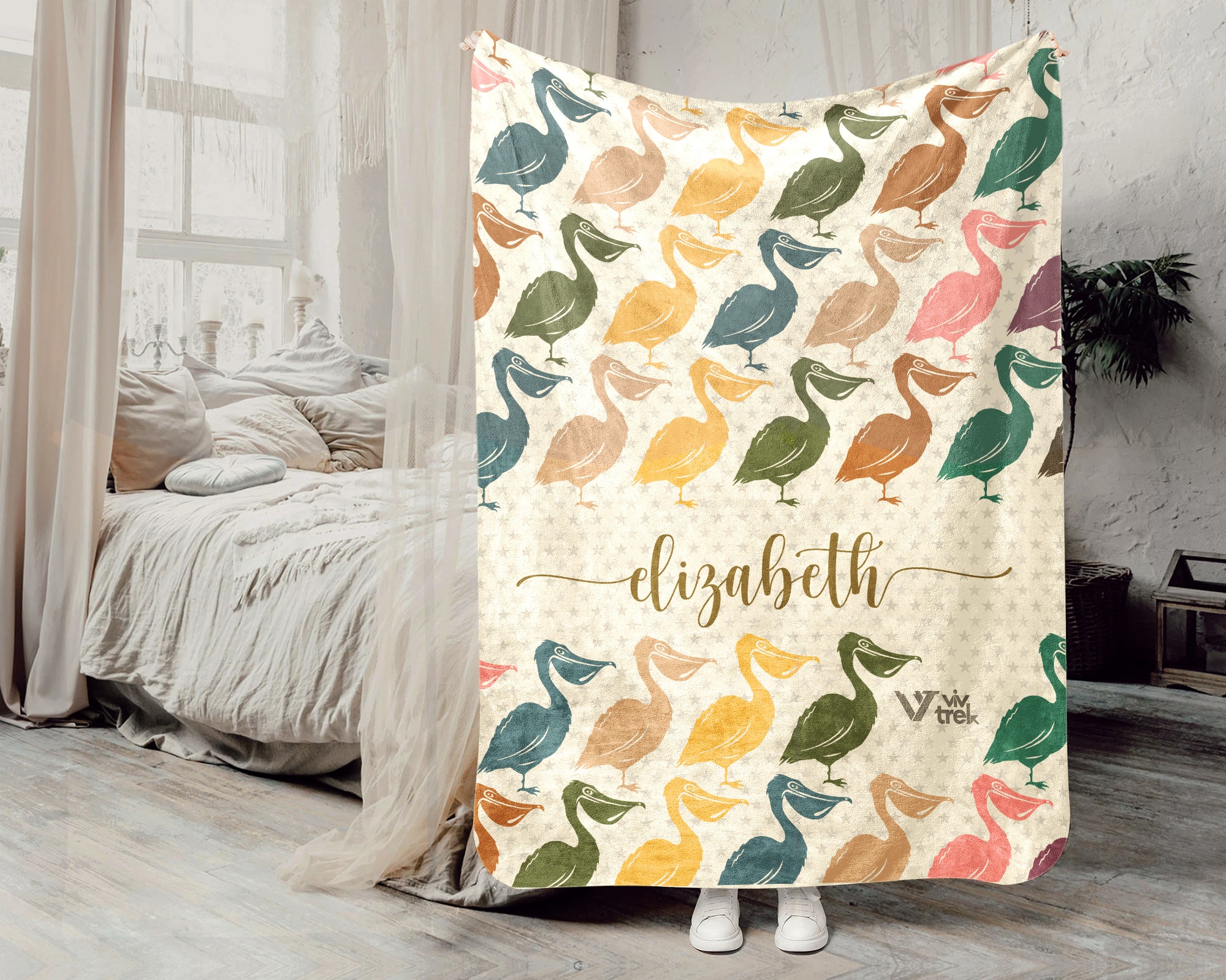 Custom Name Pelican Blanket, Cozy Retro Coastal Throw for Bird and Nature Lovers