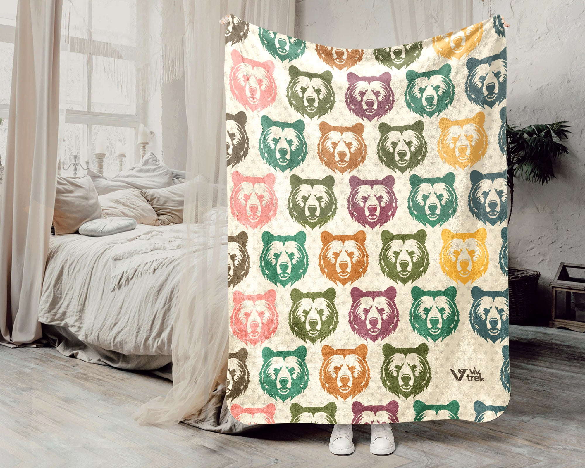 Retro Bear Head Blanket Wildlife Throw Rustic Animal Graphic Cozy Vintage Style Gift Nature Inspired Blanket for Home Cabin Decor