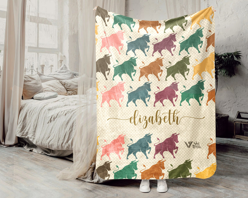 Custom Name Retro Bull Blanket, Personalized Rustic Ranch Throw for Cow Farm Wildlife Lover Home Decor and Gifts