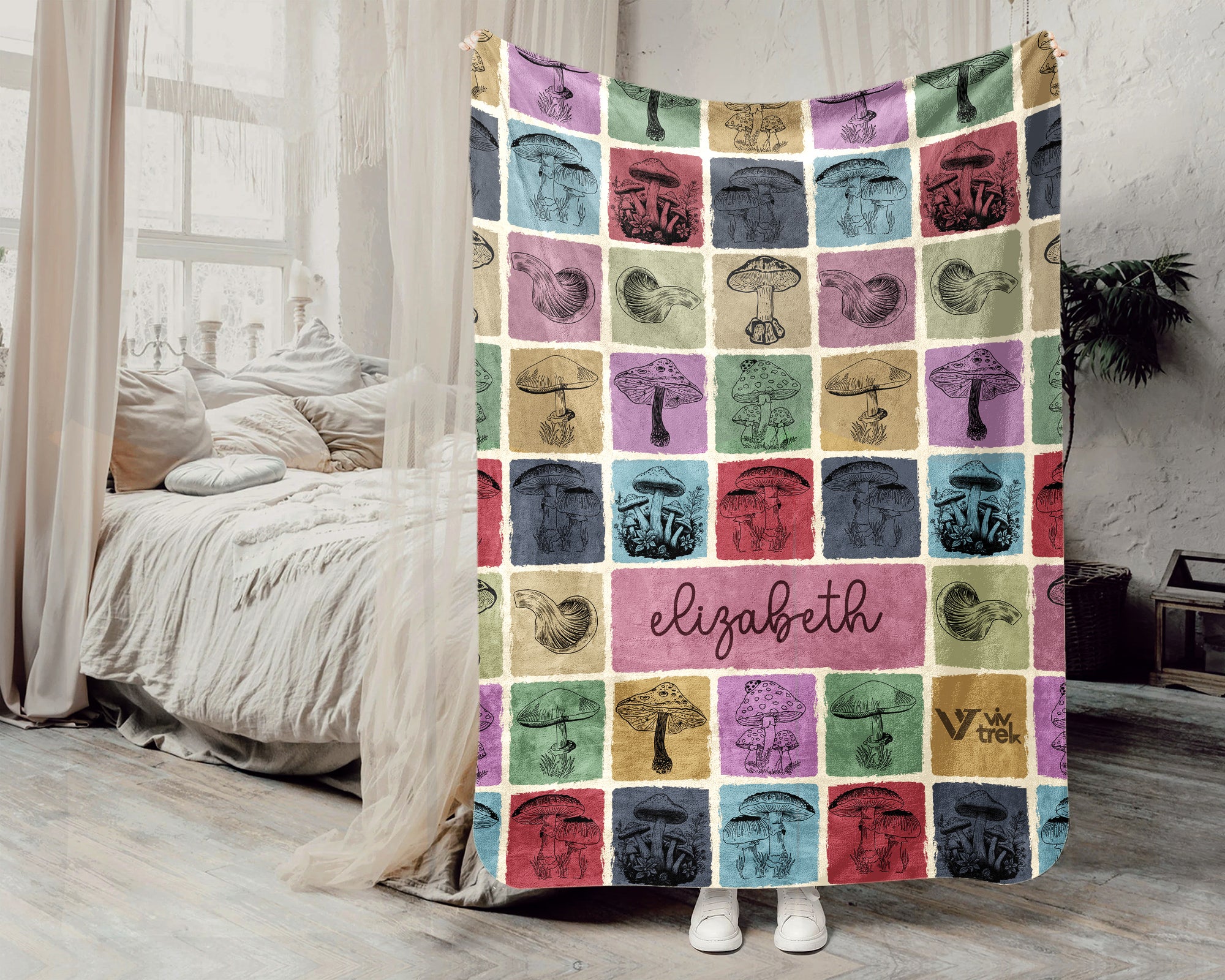 Custom Mushroom Lover Blanket Personalized Name Retro Fungi Throw Cozy Cottagecore Nature Gift Botanical Forest Decor Soft Fleece Home Accent