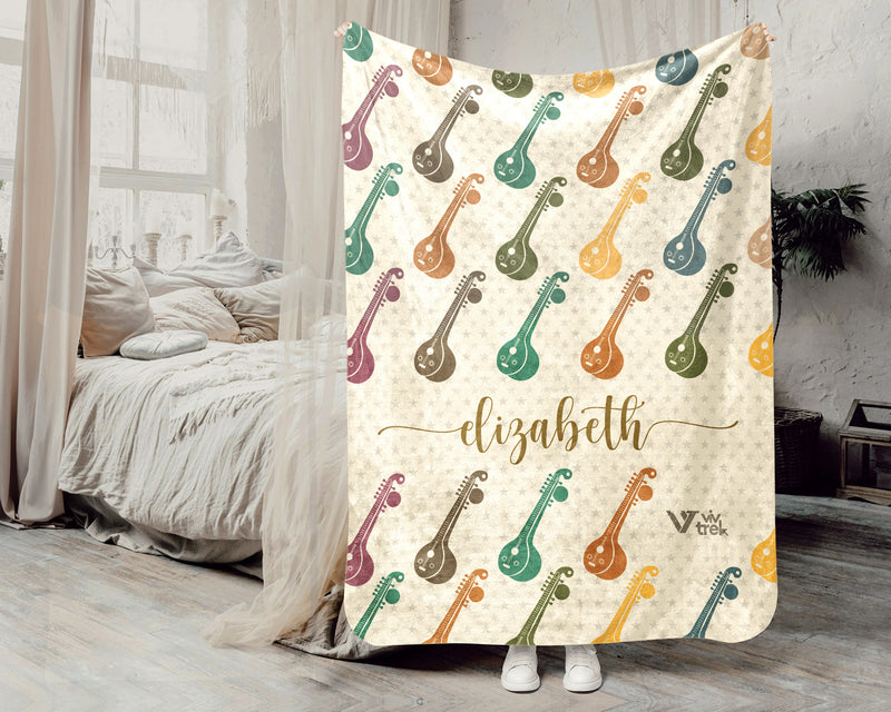 Personalized Sitar Blanket Custom Name Music Lover Throw Cozy Instrument Inspired Gift Vintage Style Home Decor Accent