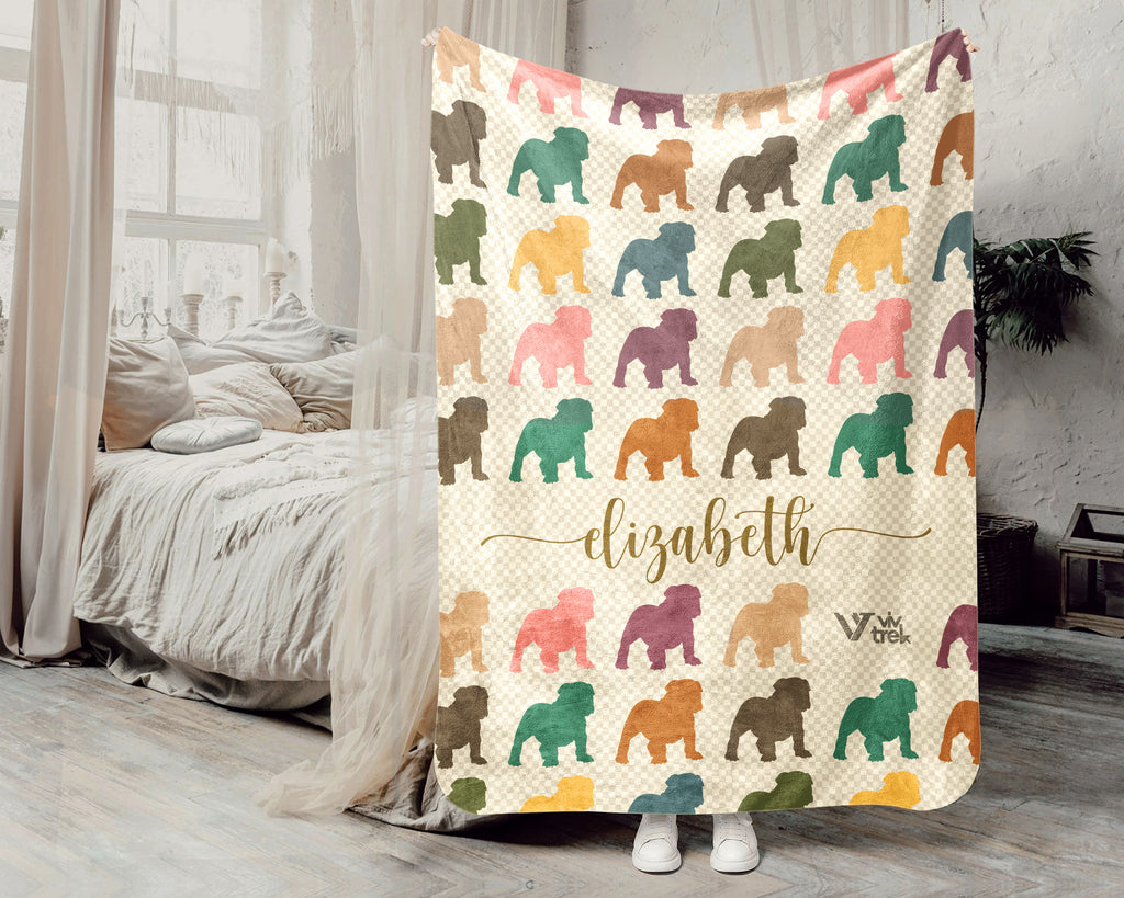 Custom Name Bulldog Blanket – Vintage Style Dog Lover Throw Gift