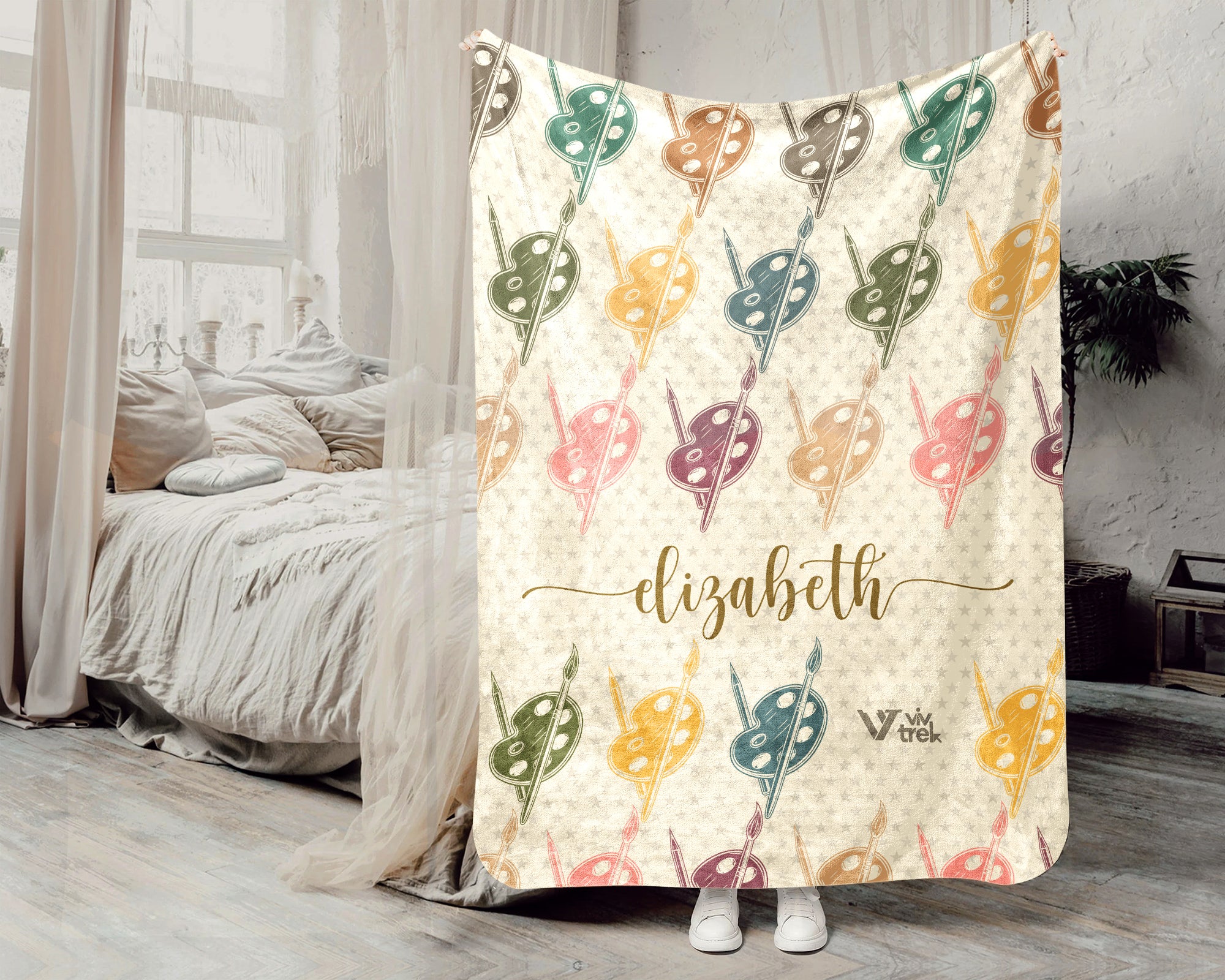 Custom Name Artist Blanket, Retro Acrylic Brush Throw for Painters and Creative Hobby Lovers, Cozy Art Room Decor