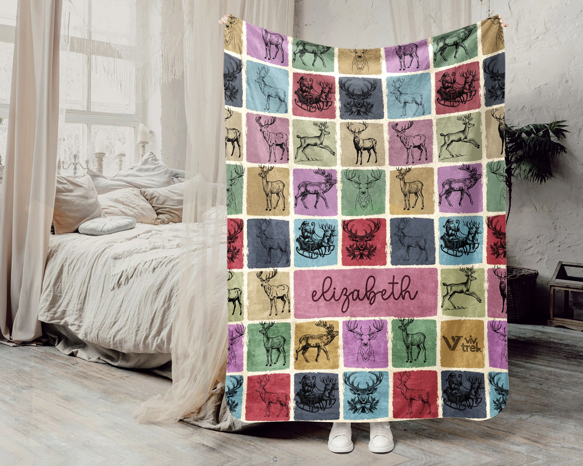 Personalized Name Reindeer Blanket, Vintage Wildlife Throw Gift for Rustic Cabin Decor and Cozy Forest Inspired Spaces