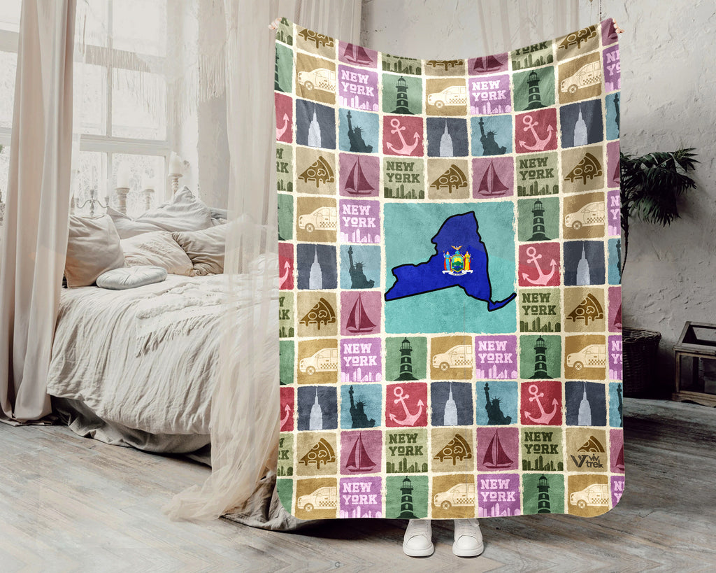Retro New York Blanket, 4th of July Cozy Patriotic Throw, Vintage NY Lover Fleece, Empire State Inspired American Home Gift