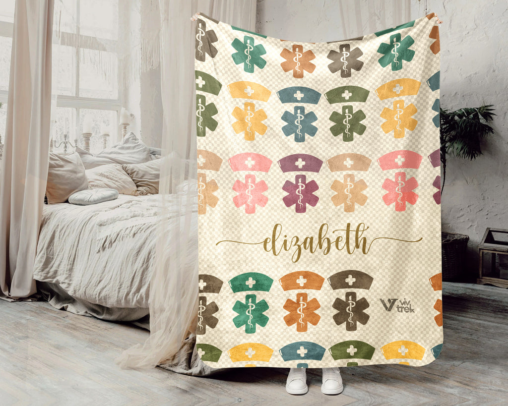 Personalized Nurse Blanket Custom Name Cozy RN Throw Gift, Retro Nursing Graphic Blanket, Medical Worker Gift for Her
