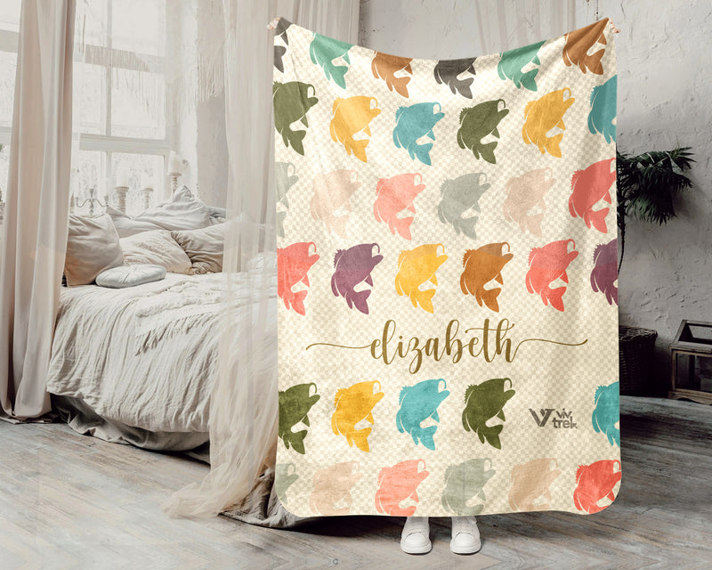 Custom Name Fishing Blanket, Personalized Outdoor Throw, Cozy Fisherman Gift for Cabin and Lake House Decor
