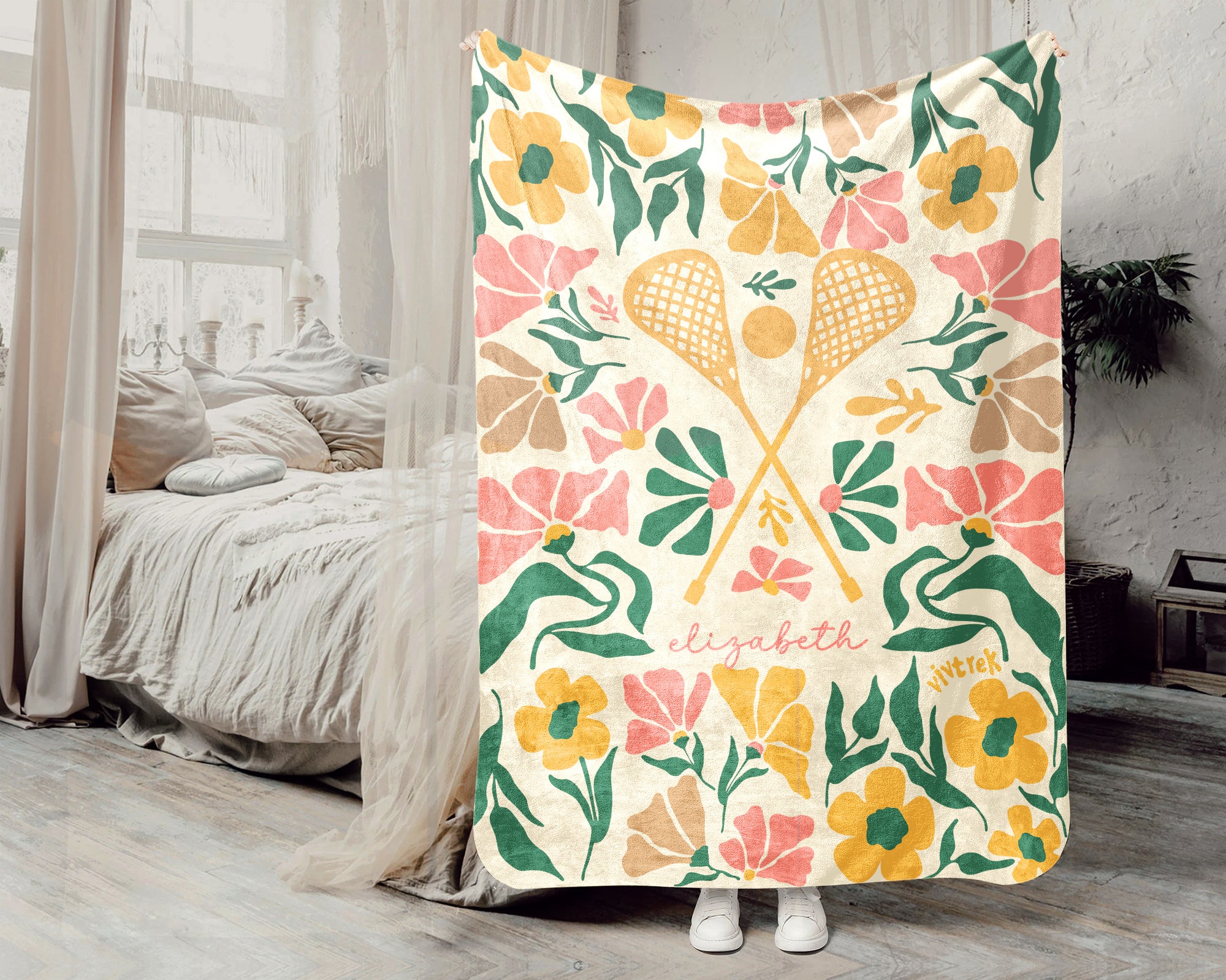 Custom Name Floral Lacrosse Blanket, Personalized Cozy Retro Lacrosse Throw for Teens Adults, Vintage Sports Gift for Athletes