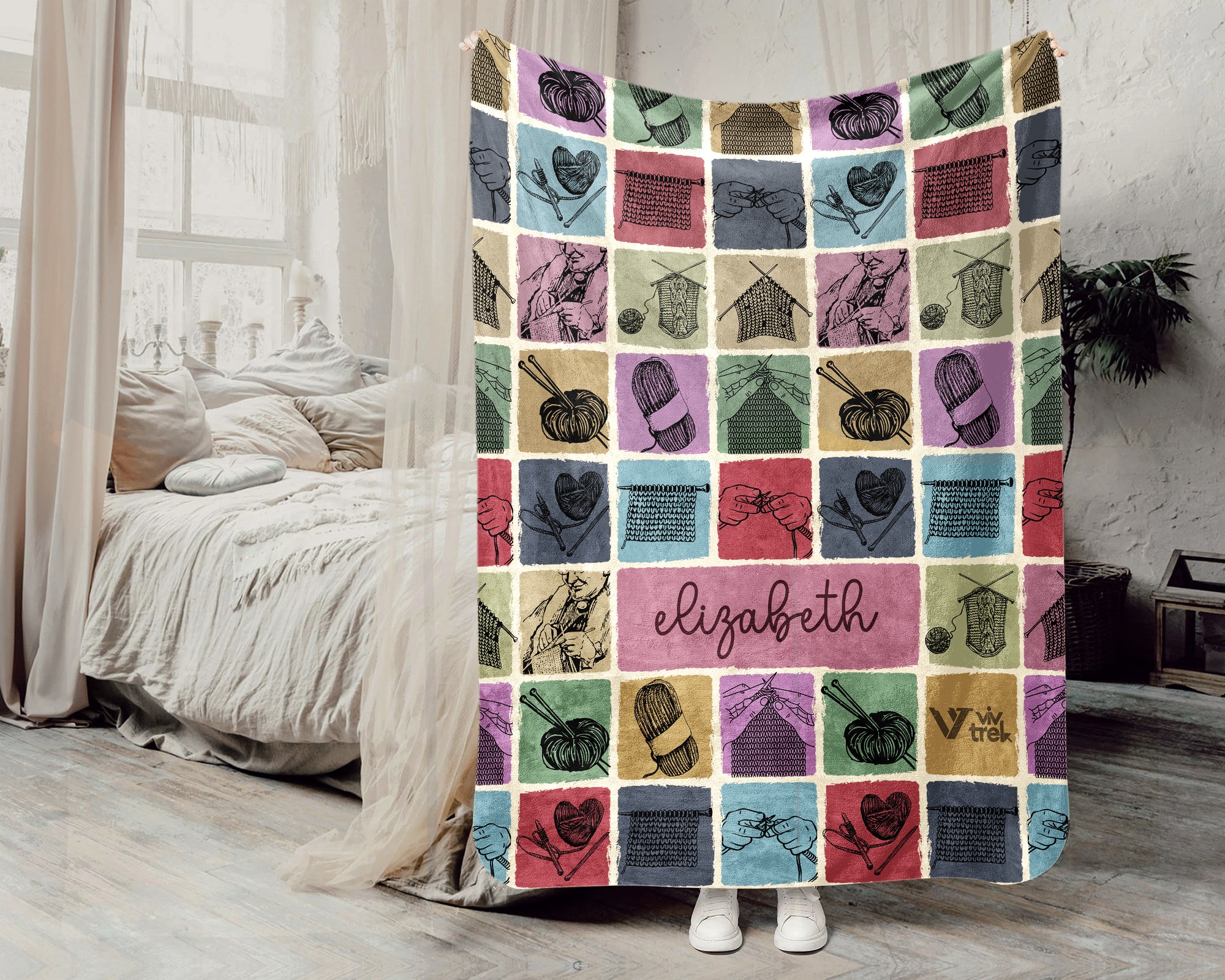 Custom Name Knitting Lover Blanket, Vintage Yarn Crochet Throw for Craft Fans, Cozy Needlework Inspired Home Decor