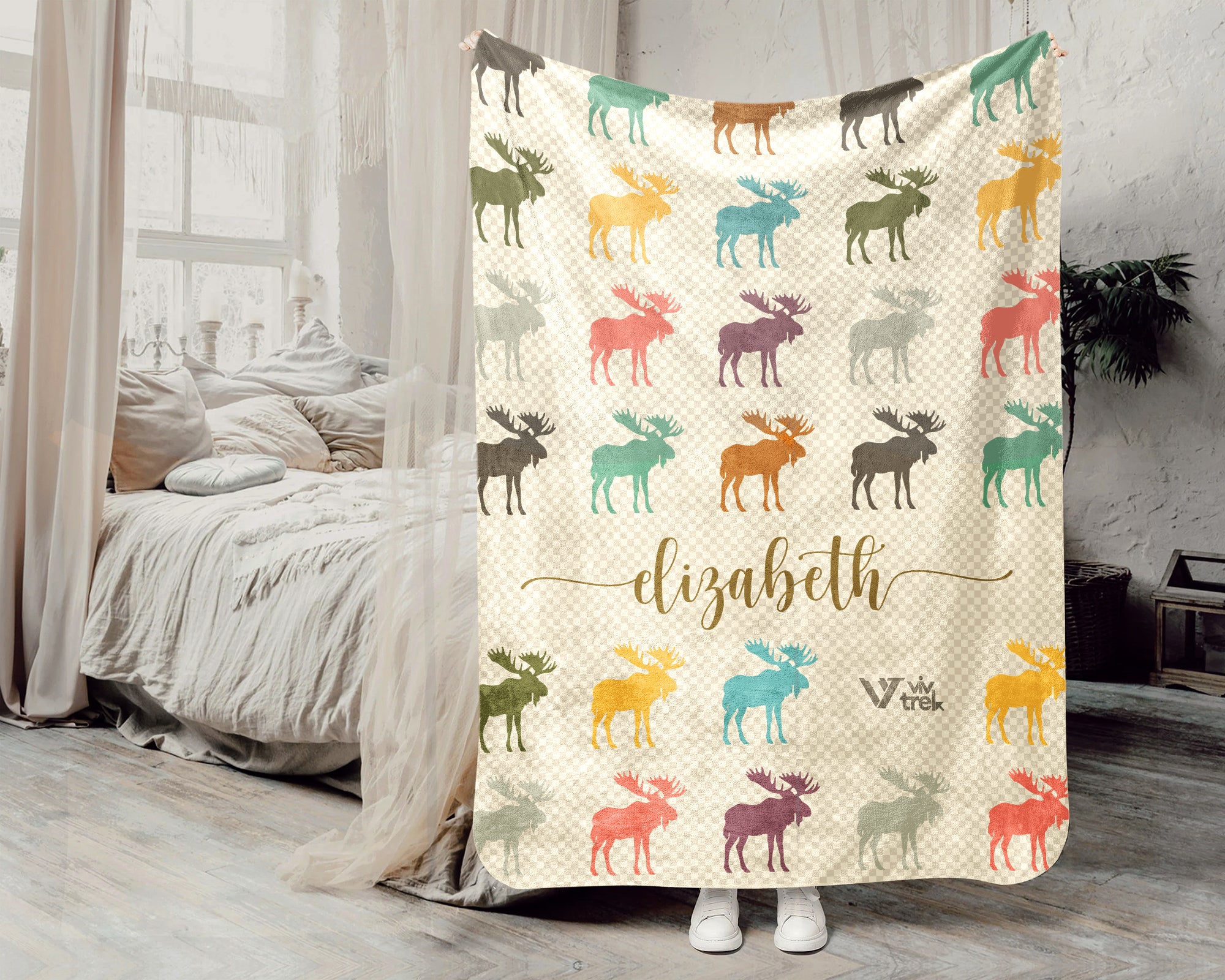Custom Name Moose Blanket, Vintage Retro Throw for Cabin and Home Decor