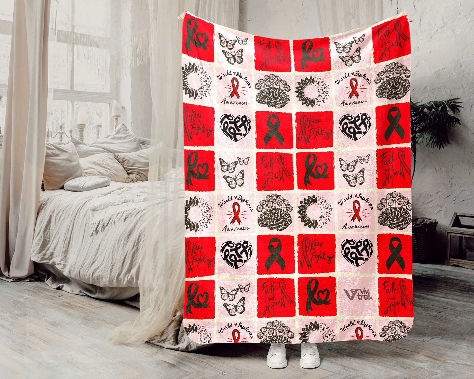 Dyslexia Awareness Blanket for October, Cozy Red Ribbon Throw Battle Blanket for Students, Educators & Family, Meaningful Support Gift