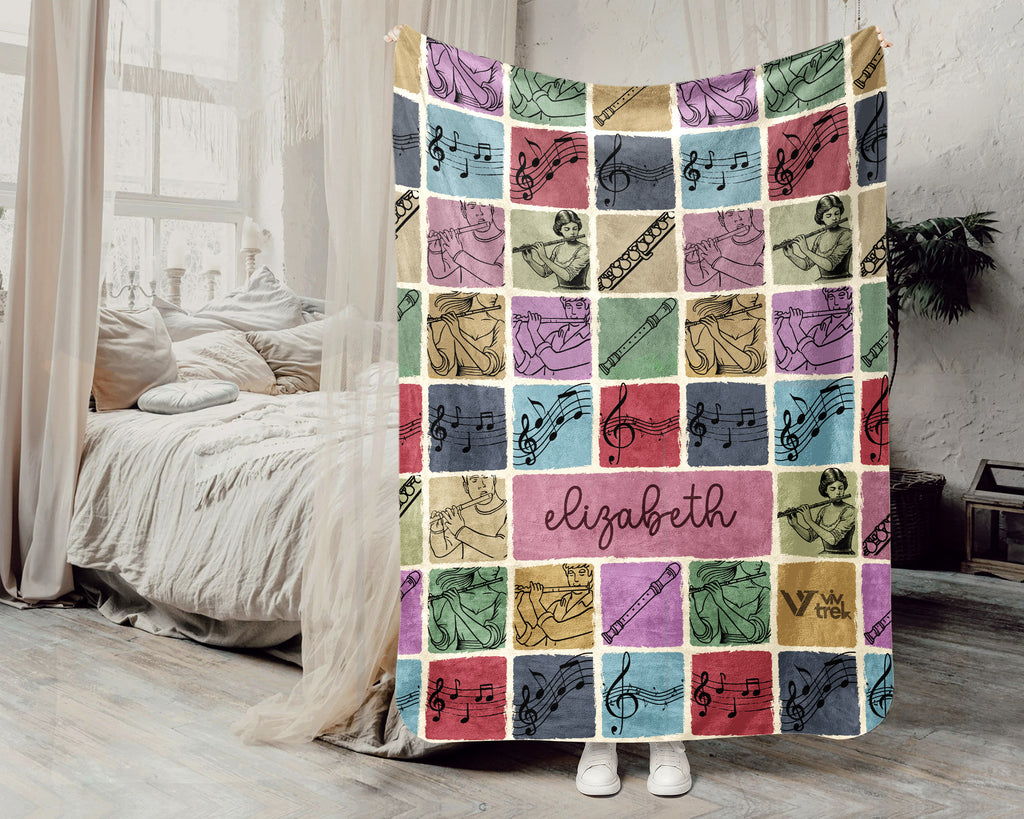 Personalized Name Flute Blanket – Cozy Vintage Throw for Music Lovers