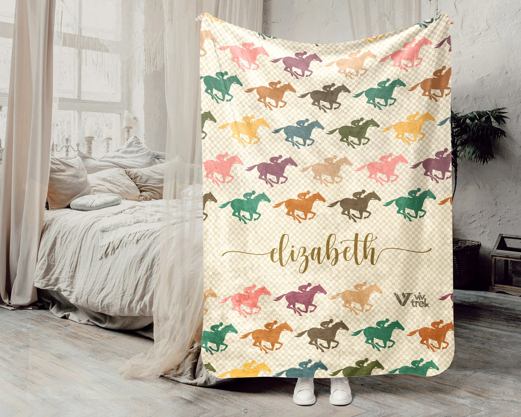 Custom Name Horse Racing Blanket Sporty Throw Cozy Personalized Gift Soft Equestrian Decor for Racing Fans Home