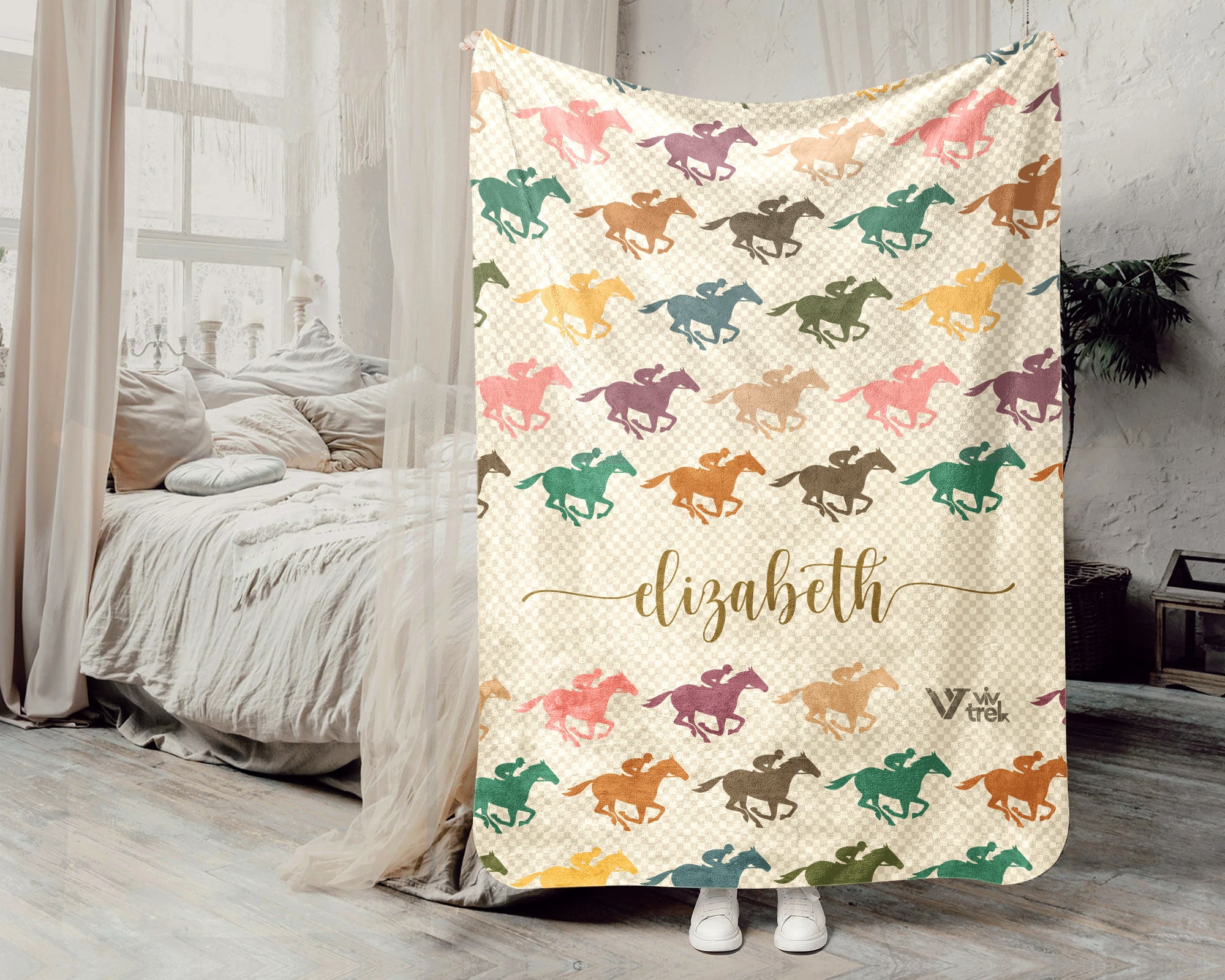 Custom Name Horse Racing Blanket Sporty Throw Cozy Personalized Gift Soft Equestrian Decor for Racing Fans Home