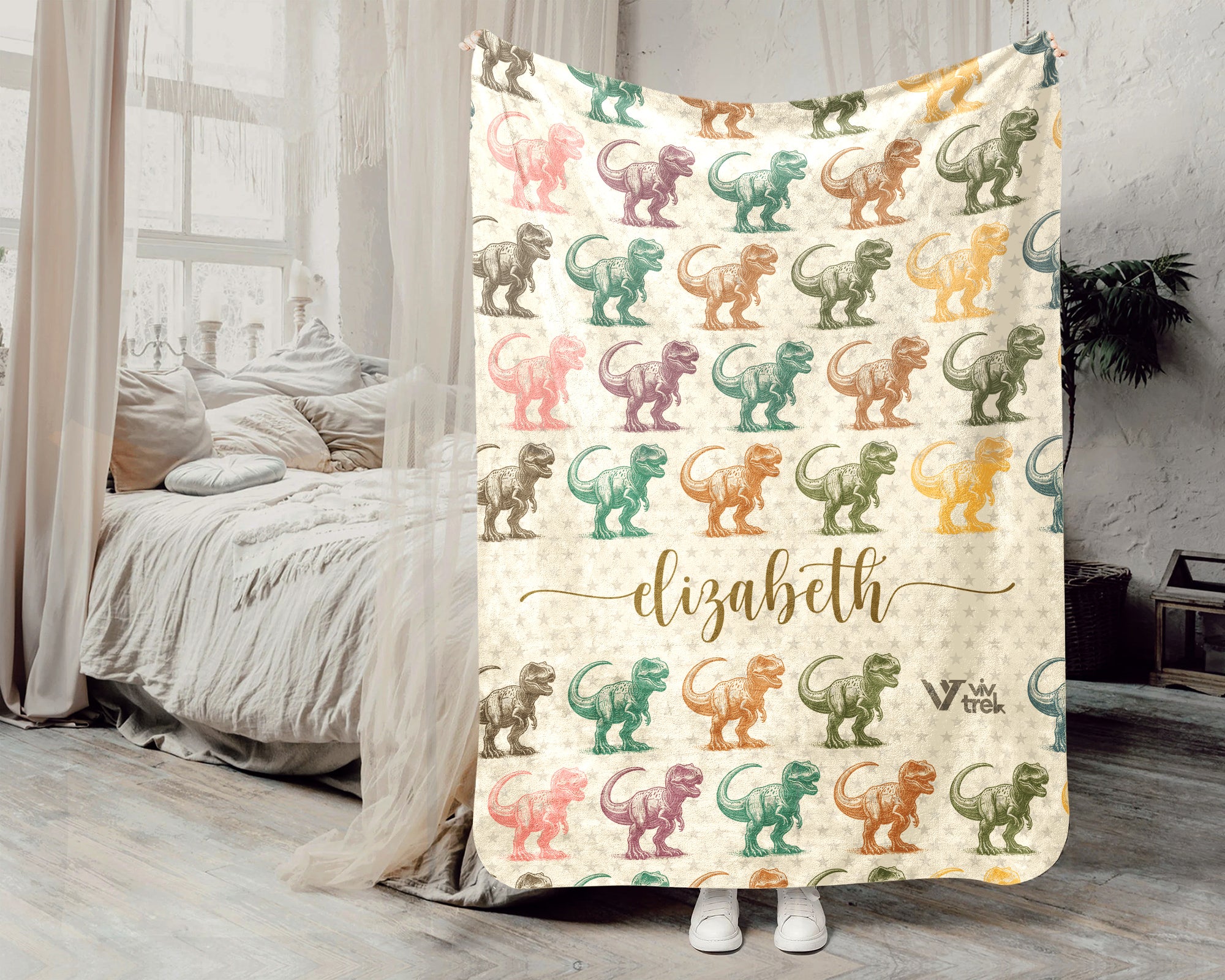Personalized T-Rex Blanket Custom Name Dino Throw Retro Tyrannosaurus Decor Cozy Gift Unique Prehistoric Home Accent