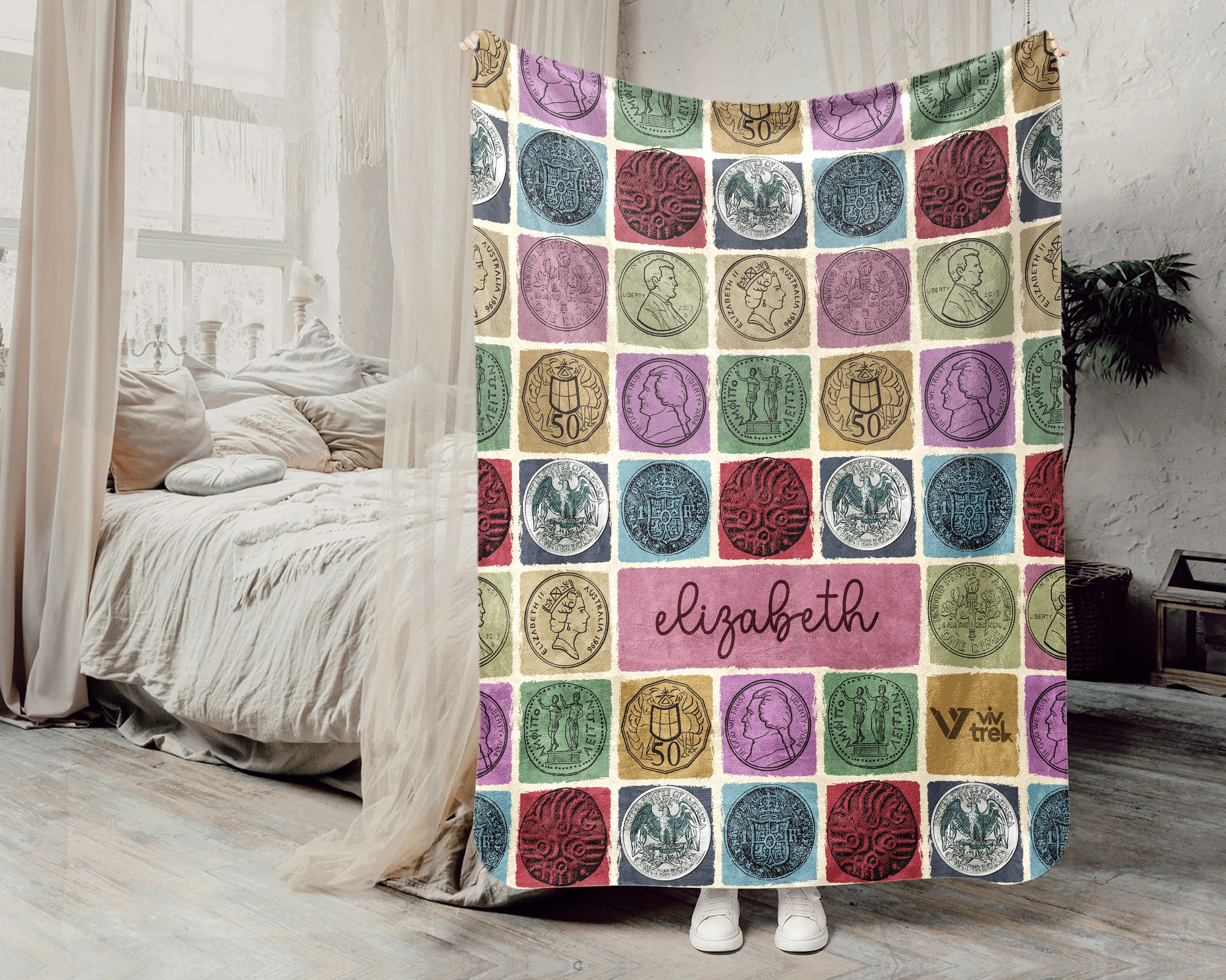 Custom Name Coin Collector Blanket, Vintage Numismatics Throw for Hobby Lovers, Cozy Bullion Inspired Decor Gift