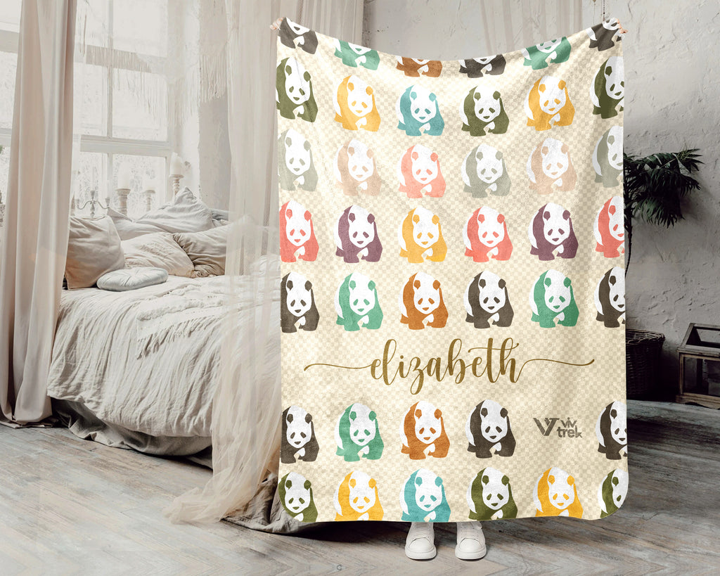 Custom Name Retro Panda Blanket, Personalized Cute Animal Throw for Panda Lover Bedroom Decor and Cozy Gift Ideas