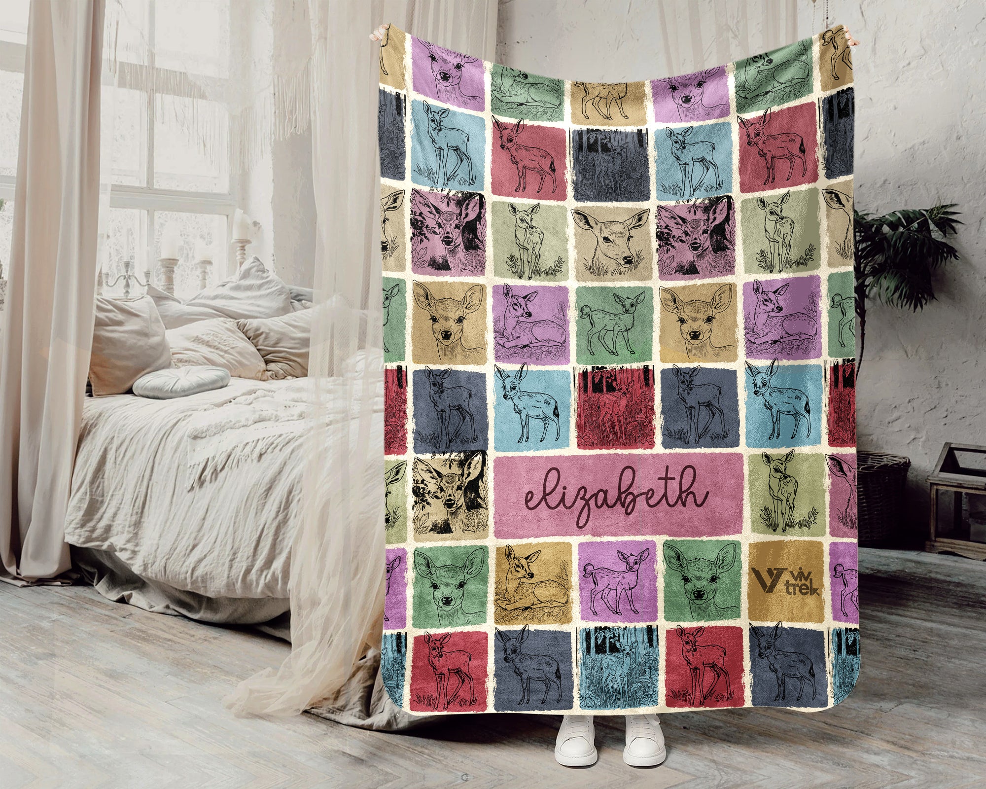 Custom Retro Baby Deer Blanket Personalized Name, Cute Fawn Wildlife Throw, Cozy Nature Gift for Kids Teens Adults