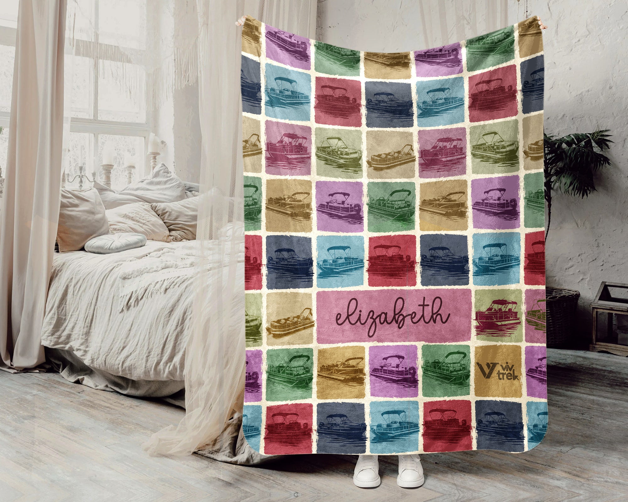 Personalized Name Pontoon Boat Captain Blanket, Vintage Nautical Throw for Boating Lovers, Cozy Lake Life Gift Decor for Sailors