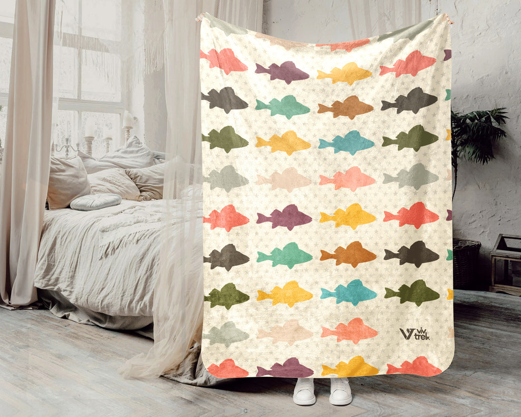 Retro Fishing Lover Blanket for Anglers, Cozy Fish Throw Gift for Fisherman Dad and Rustic Outdoor Cabin Style