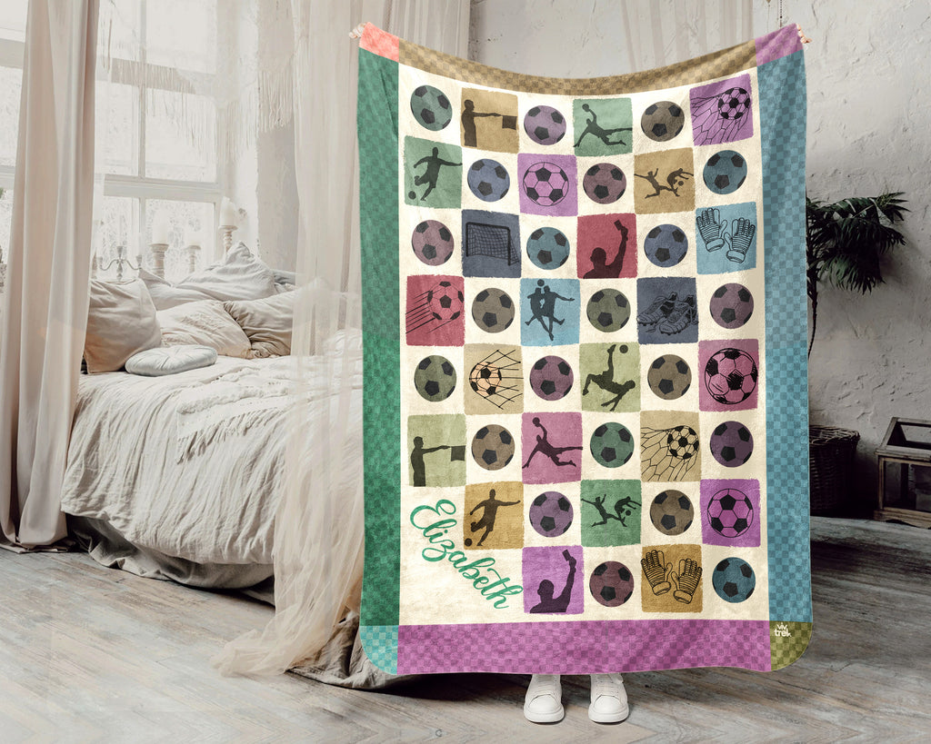 Custom Name Soccer Blanket, Personalized Name Soccer Throw for Boys and Girls, Retro Unique Soccer Lover Gift, Cozy Sports Blanket