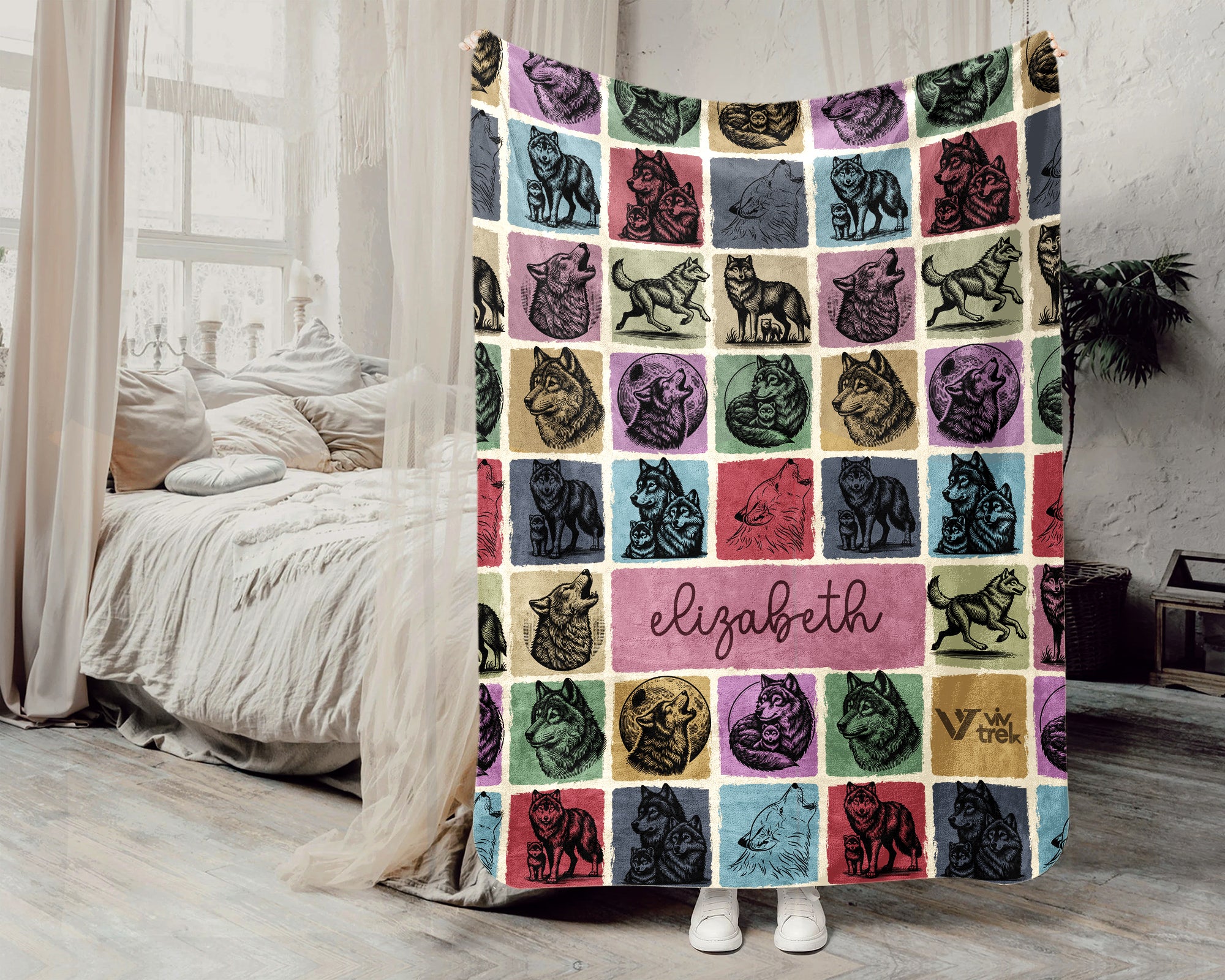 Custom Wolf Lover Blanket Personalized Name Vintage Animal Throw Cozy Fleece Rustic Nature Wildlife Gift Soft Home Decor Accent