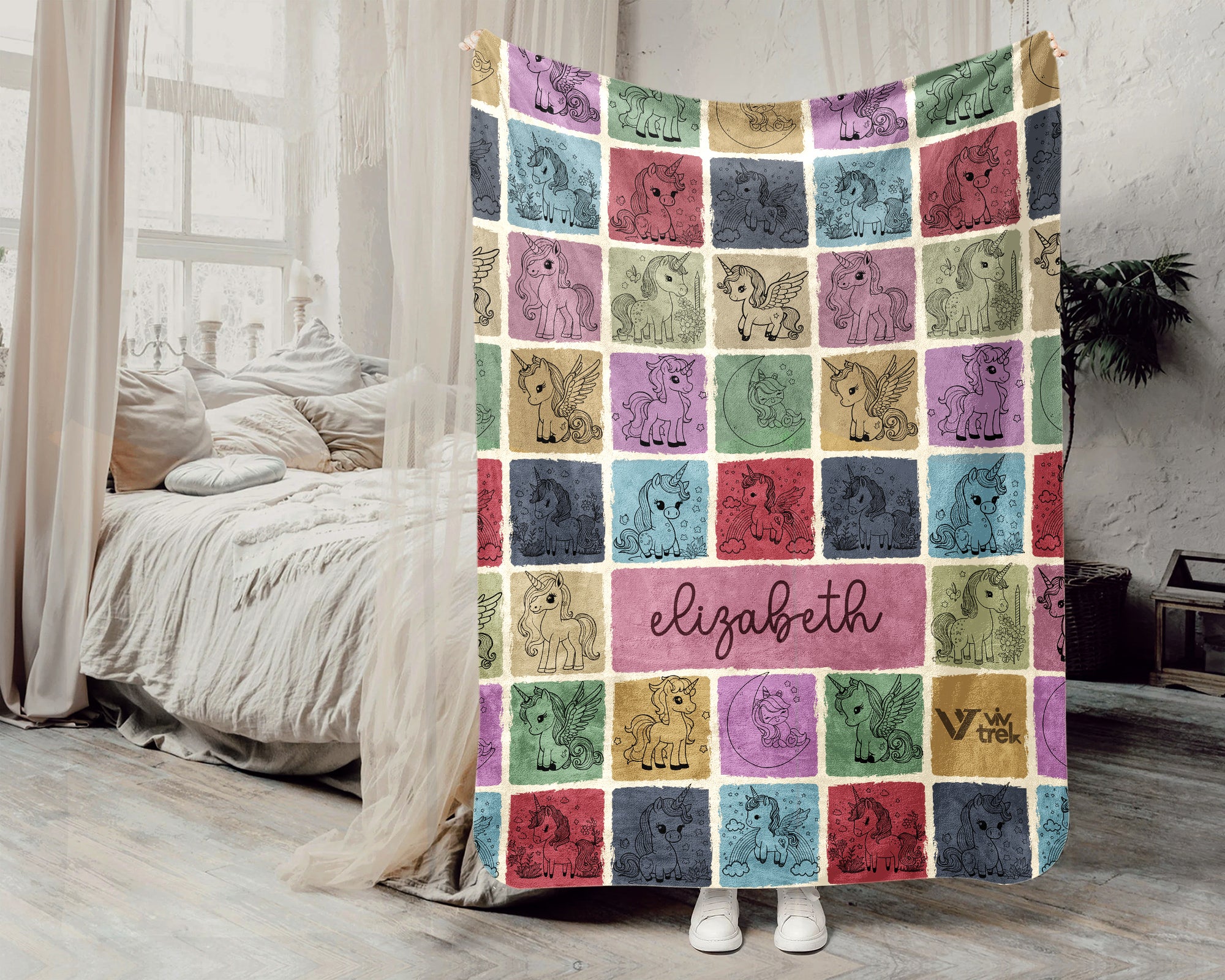 Custom Unicorn Blanket for Kids Personalized Name Magical Creature Gift Retro Rainbow Nursery Decor Pastel Cozy Fleece Throw