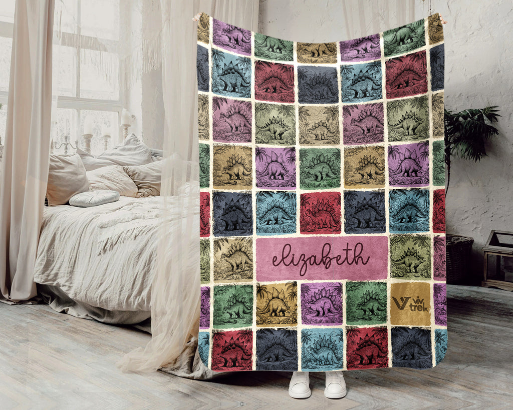 Custom Stegosaurus Blanket Personalized Name Retro Dino Throw Cozy Prehistoric Animal Decor Unique Paleontology Gift