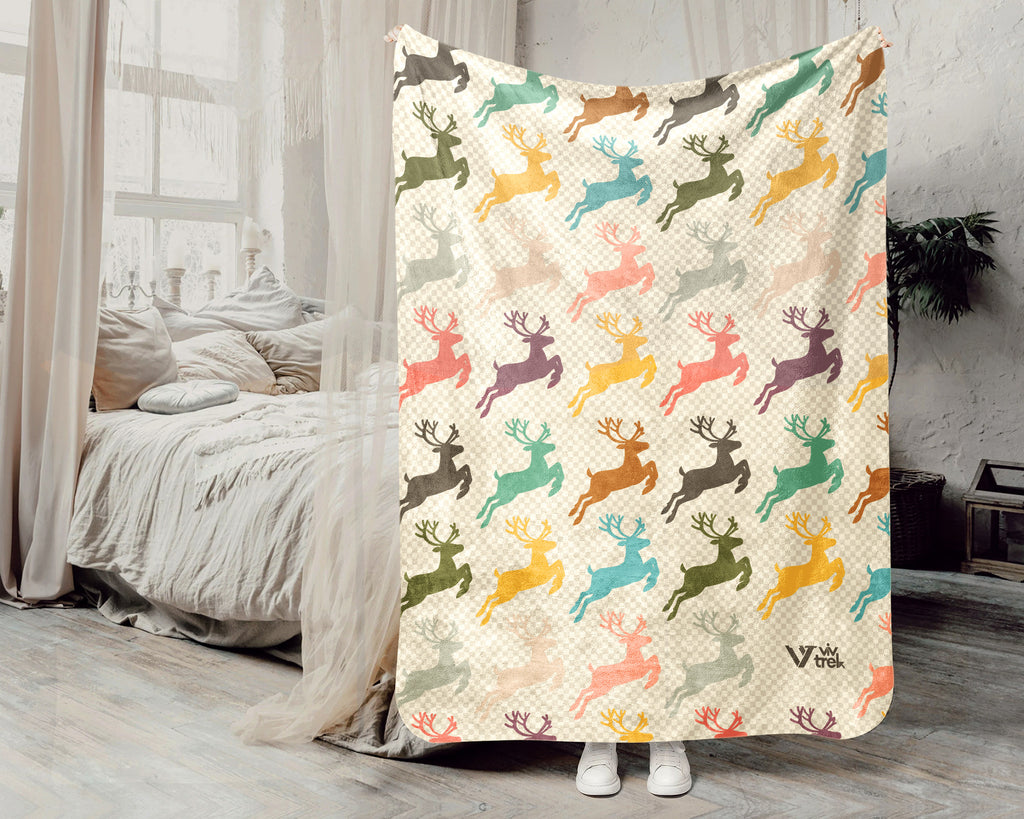 Retro Reindeer Blanket for Woodland Decor, Cozy Rustic Wildlife Throw Gift for Forest and Cabin Style Homes