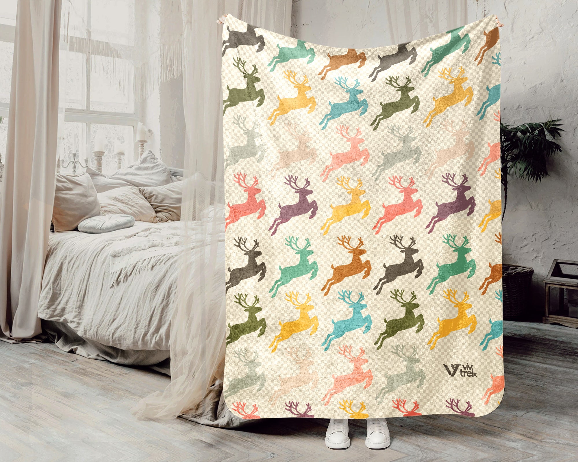 Retro Reindeer Blanket for Woodland Decor, Cozy Rustic Wildlife Throw Gift for Forest and Cabin Style Homes