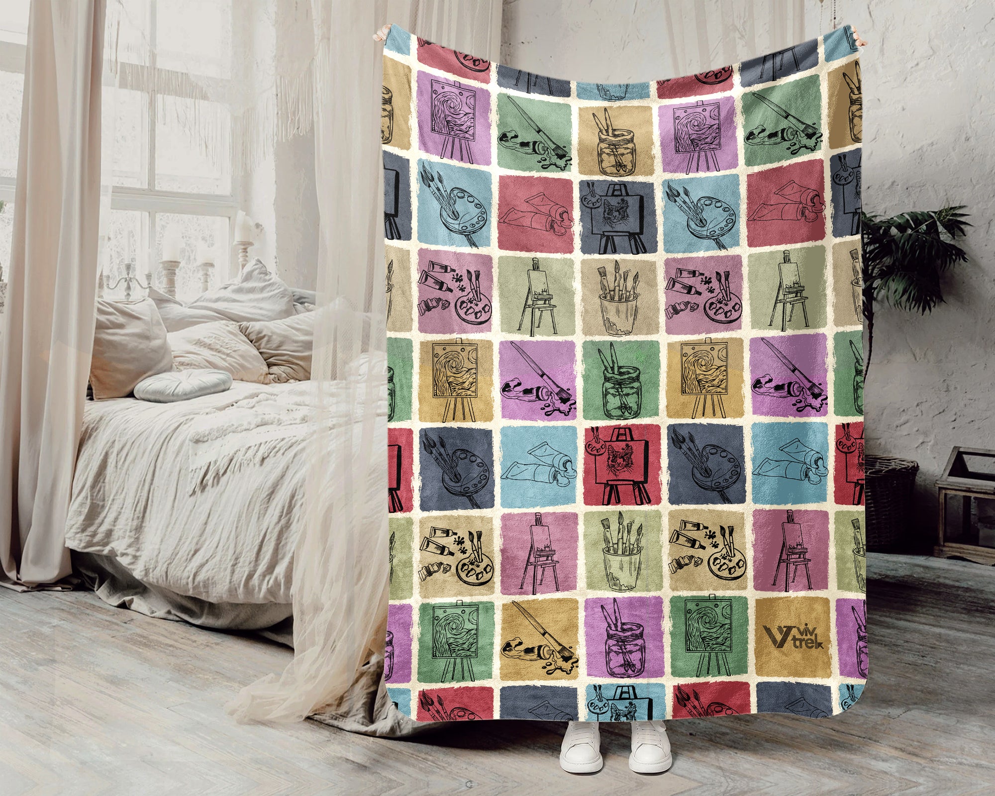 Vintage Painting Lover Blanket, Retro Canvas Artist Throw for Creative Decor and Cozy Painter Gift Ideas