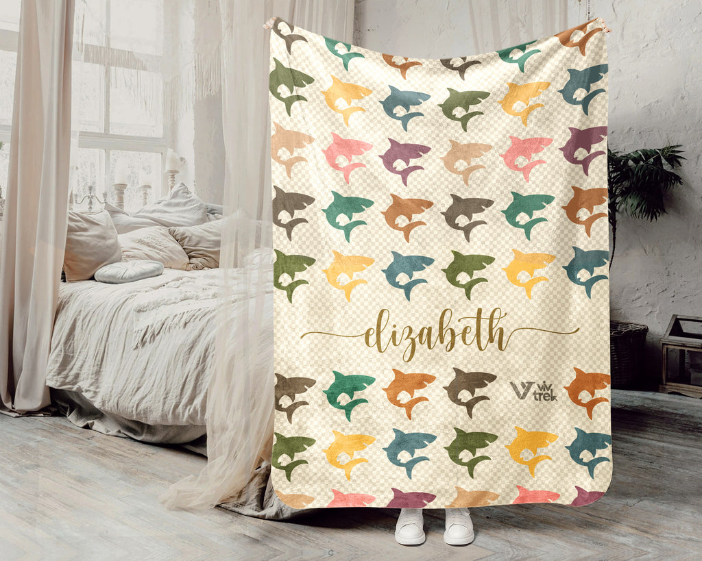 Custom Name Shark Throw Blanket – Vintage Ocean Gift for Shark Fans