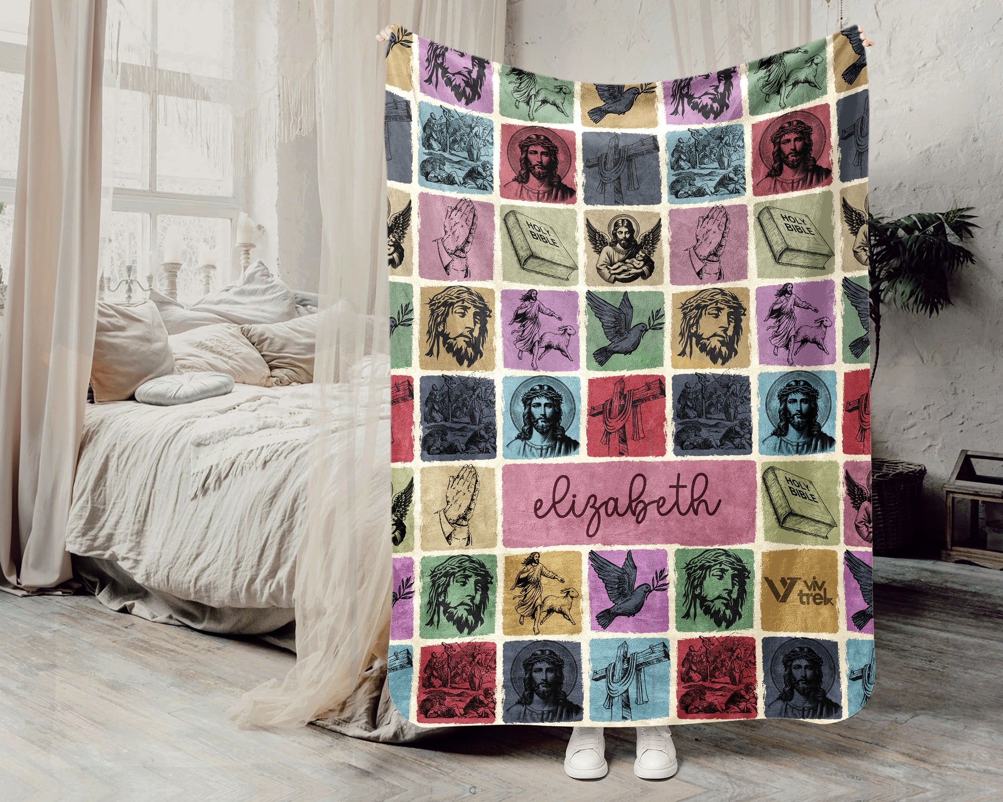Custom Retro Christian Jesus Blanket Personalized Name, Cozy Faith Throw Gift for Believers, Religious Home Decor