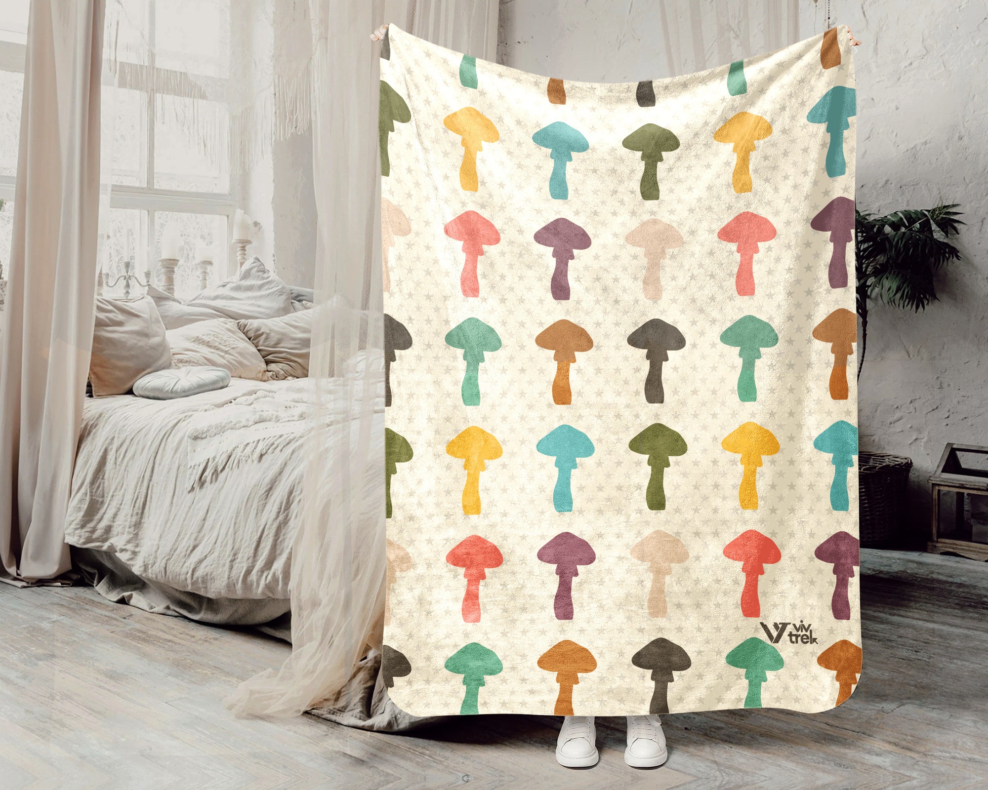 Retro Mushroom Blanket Gift for Nature Lovers, Cozy Fungi Throw, Woodland Inspired Decor Accent for Bedroom and Living Spaces