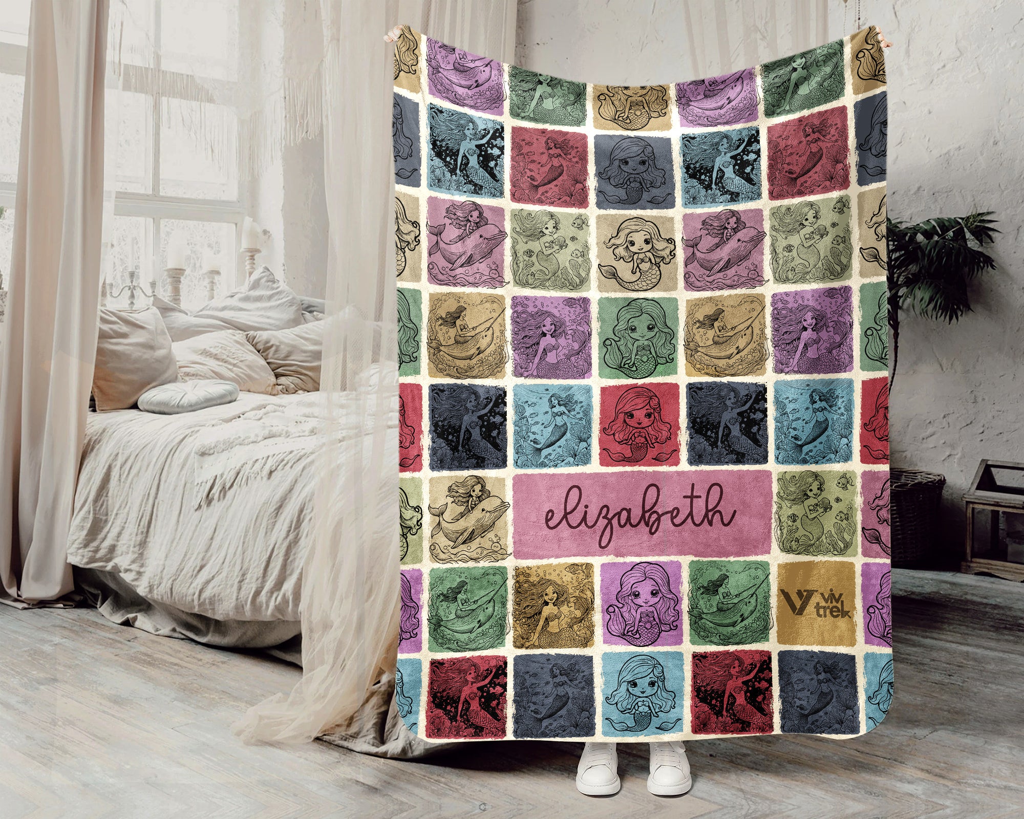 Custom Name Mermaid Blanket Personalized Fantasy Throw for Kids Girls Vintage Fairy Ocean Lover Gift Cozy Bedroom Decor