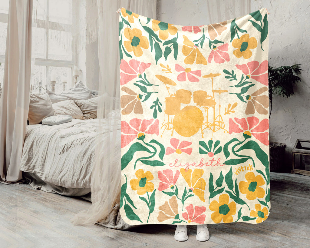 Floral Drummer Blanket with Custom Name, Cozy Wildflower Drum Kit Throw for Kids Teens Adults, Music Lover Gift