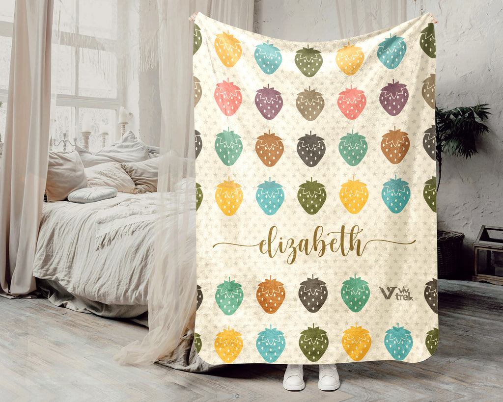 Custom Name Strawberry Blanket, Cozy Retro Fruit Throw for Kids and Adults