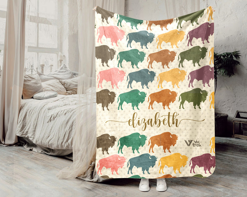 Custom Buffalo Blanket Personalized Name Wildlife Throw Retro Bison Graphic Cozy Rustic Home Decor Unique Western Gift Idea