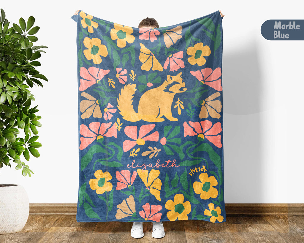 Floral  Raccoon Blanket with Custom Name, Cute Woodland Animal Gift, Cozy Floral Throw for Kids Teens Adults