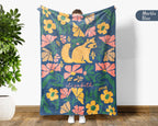 Floral  Raccoon Blanket with Custom Name, Cute Woodland Animal Gift, Cozy Floral Throw for Kids Teens Adults
